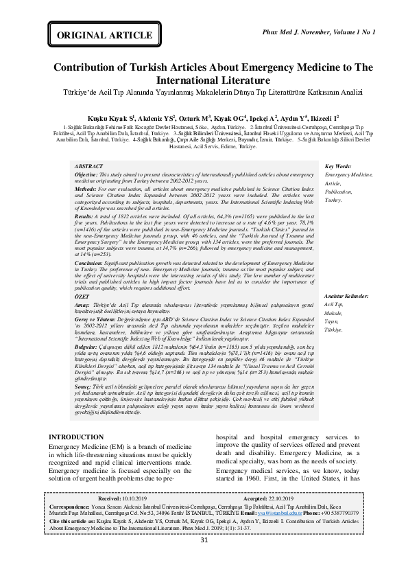 (PDF) Contribution of Turkish Articles About Emergency Medicine to The ...