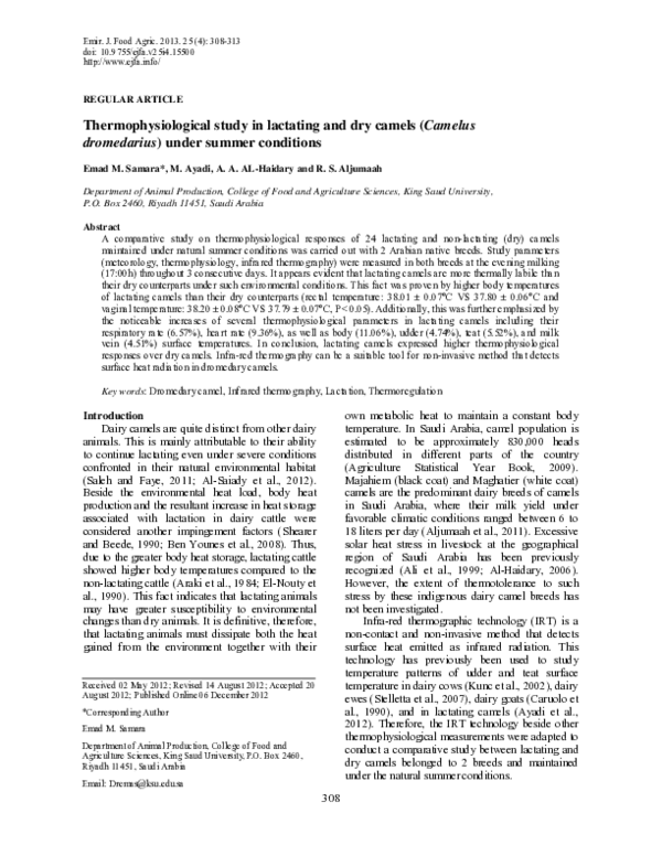 (PDF) Thermophysiological study in lactating and dry camels (Camelus ...