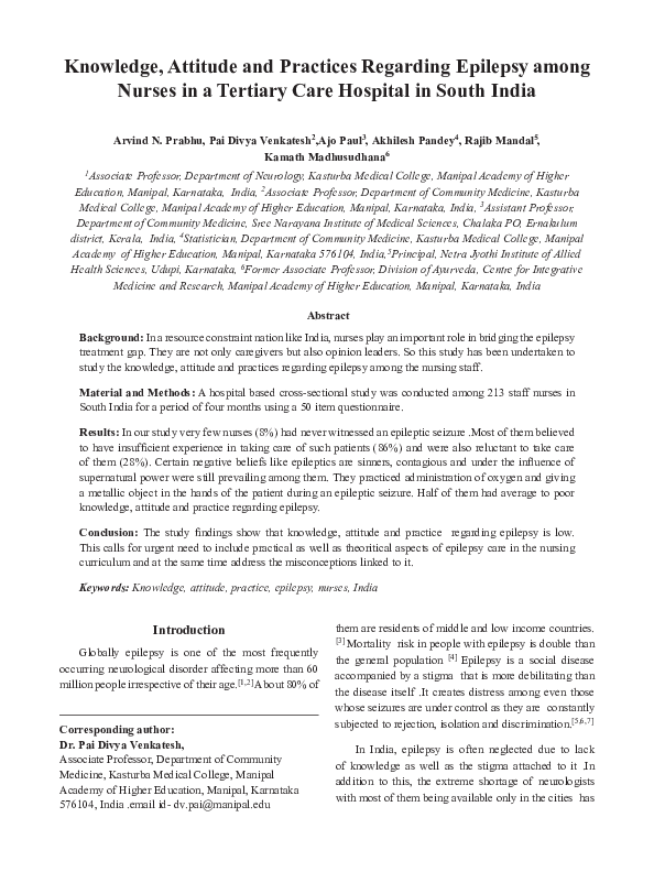 (PDF) Knowledge, Attitude and Practices Regarding Epilepsy among Nurses ...