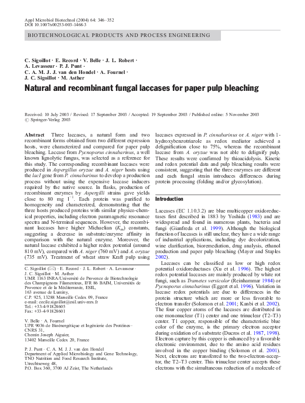 (PDF) Natural and recombinant fungal laccases for paper pulp bleaching