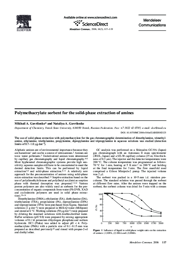 (PDF) Polymethacrylate sorbent for the solidphase extraction of amines