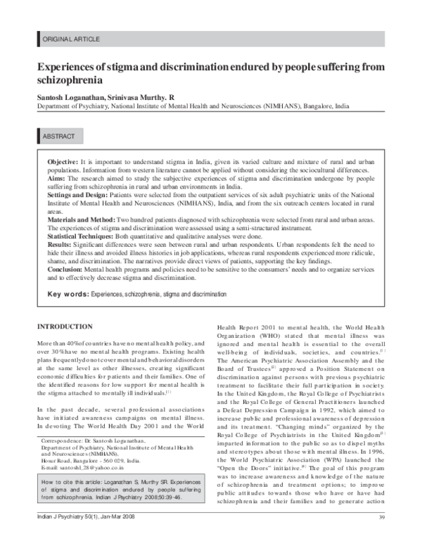 (PDF) Experiences of stigma and discrimination endured by people ...