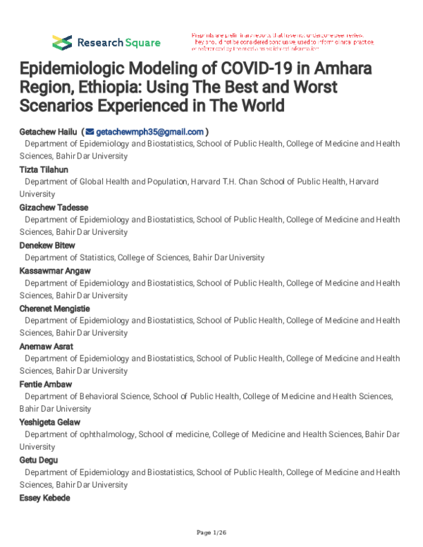(PDF) Epidemiologic Modeling of COVID-19 in Amhara Region, Ethiopia ...