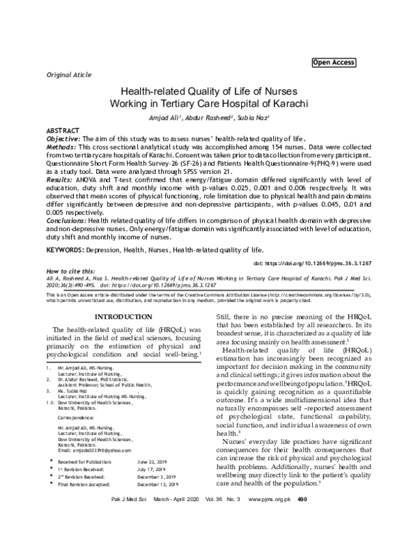 (PDF) Health-related Quality of Life of Nurses Working in Tertiary Care ...