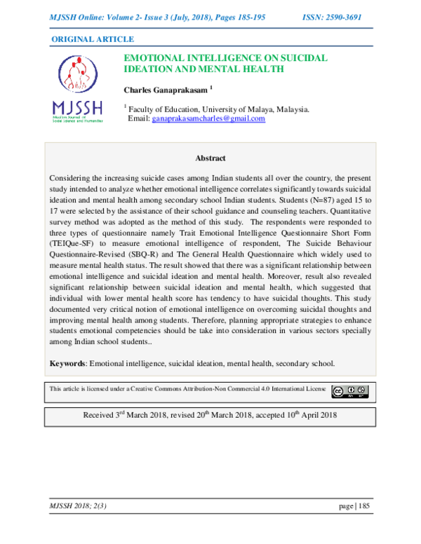 (PDF) Emotional Intelligence on Suicidal Ideation and Mental Health