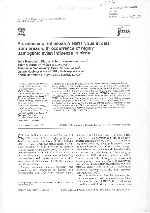 (PDF) Prevalence of influenza A H5N1 virus in cats from areas with ...