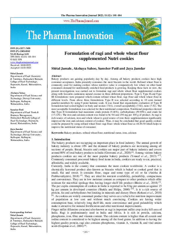 (PDF) Formulation of ragi and whole wheat flour supplemented Nutri cookies