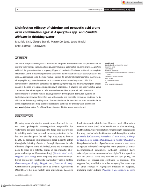 (PDF) Disinfection efficacy of chlorine and peracetic acid alone or in ...