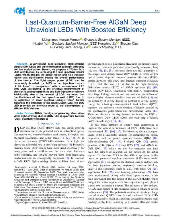 (PDF) Last-Quantum-Barrier-Free AlGaN Deep Ultraviolet LEDs With ...