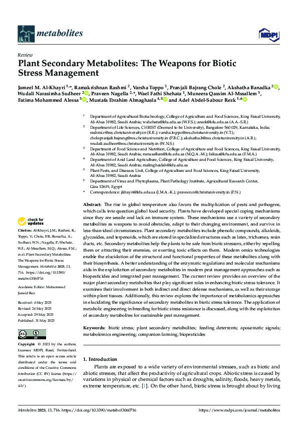 (PDF) Plant Secondary Metabolites: The Weapons for Biotic Stress Management