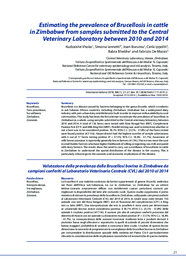 (PDF) Estimating the prevalence of Brucellosis in cattle in Zimbabwe ...