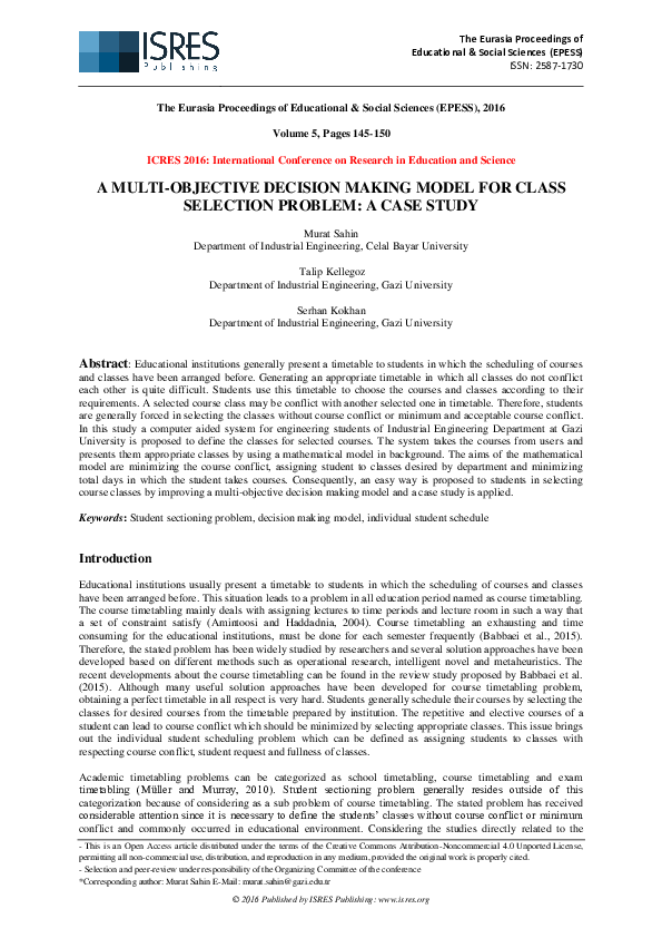 (PDF) A Multi-Objective Decision Making Model for Class Selection ...
