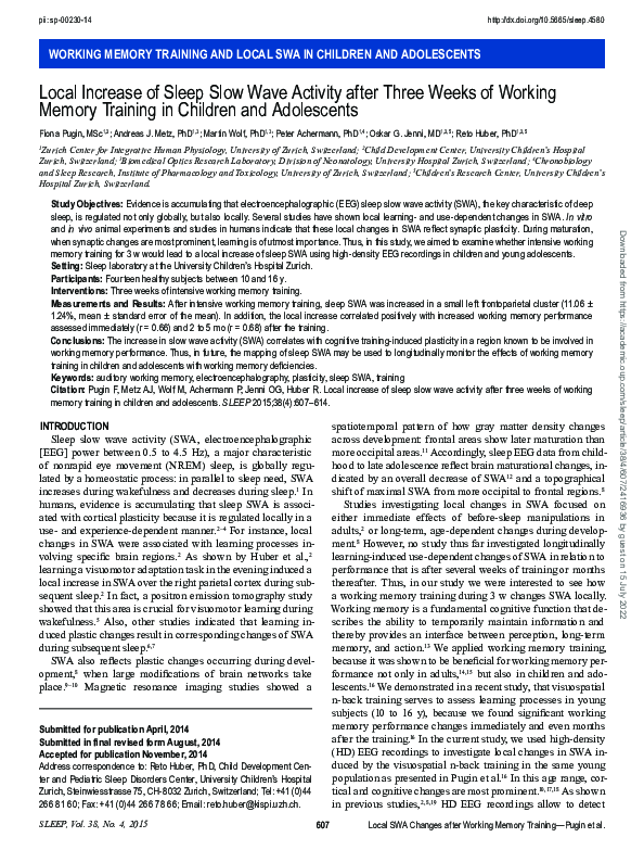(PDF) Local Increase of Sleep Slow Wave Activity After Three Weeks of ...