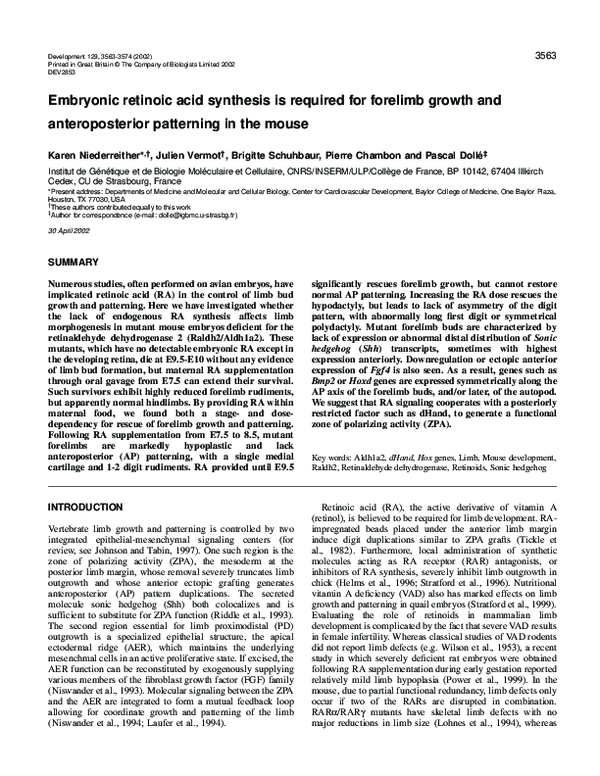 (PDF) Embryonic retinoic acid synthesis is required for forelimb growth ...