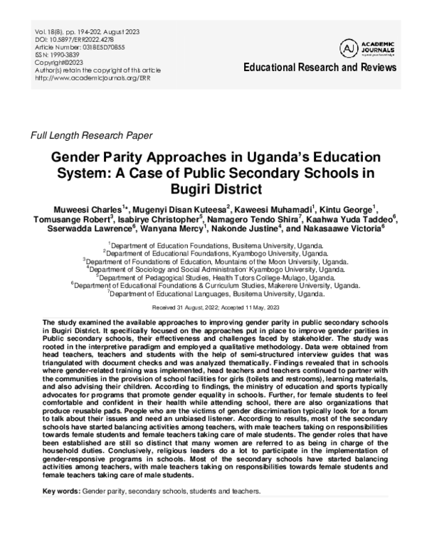 (PDF) Gender Parity Approaches in Ugandas Education System: A Case of ...