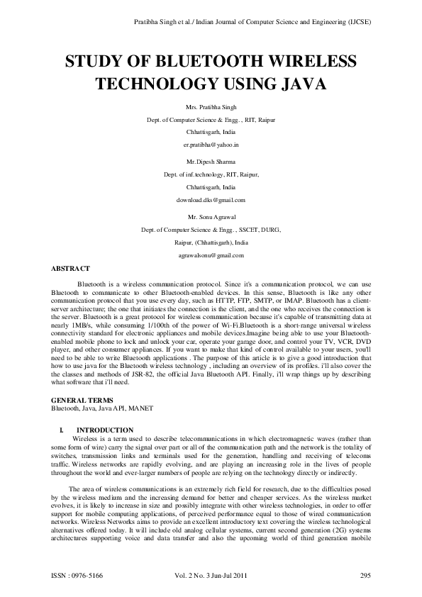 (PDF) Study of Bluetooth Wireless Technology Using Java