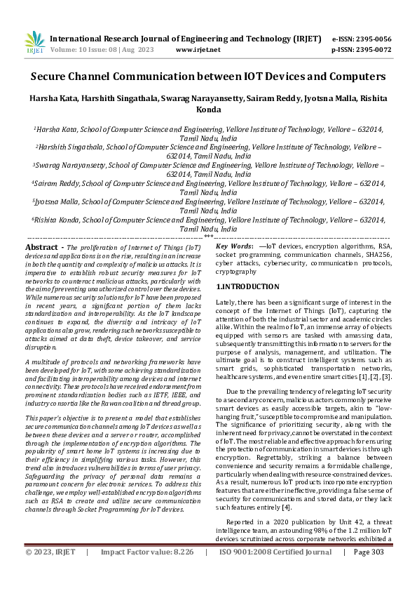 (PDF) Secure Channel Communication between IOT Devices and Computers