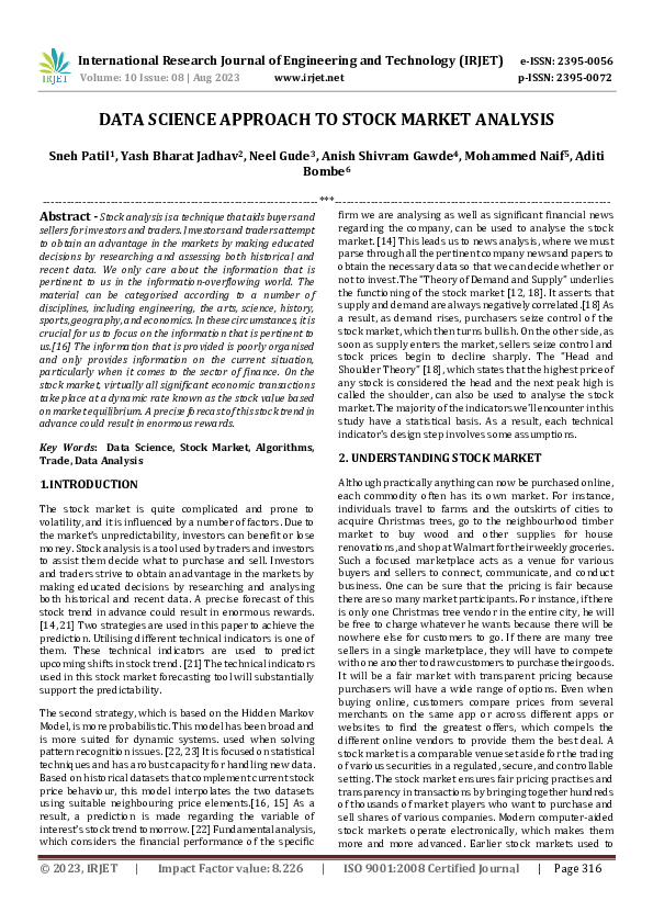 (PDF) DATA SCIENCE APPROACH TO STOCK MARKET ANALYSIS