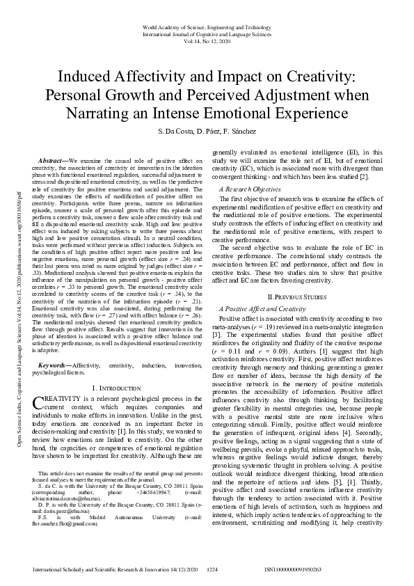 (PDF) Induced Affectivity and Impact on Creativity: Personal Growth and ...