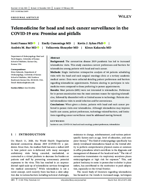 (PDF) Telemedicine for head and neck cancer surveillance in the COVID ...