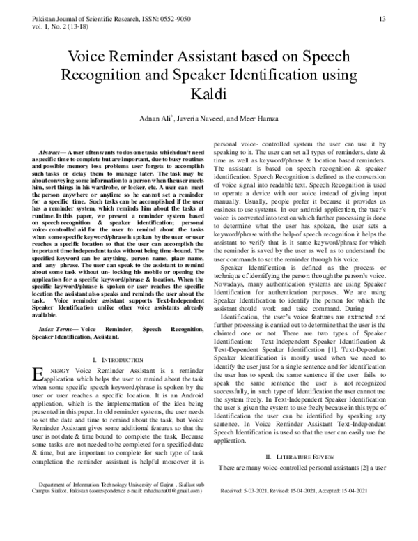 (PDF) Voice Reminder Assistant based on Speech Recognition and Speaker ...