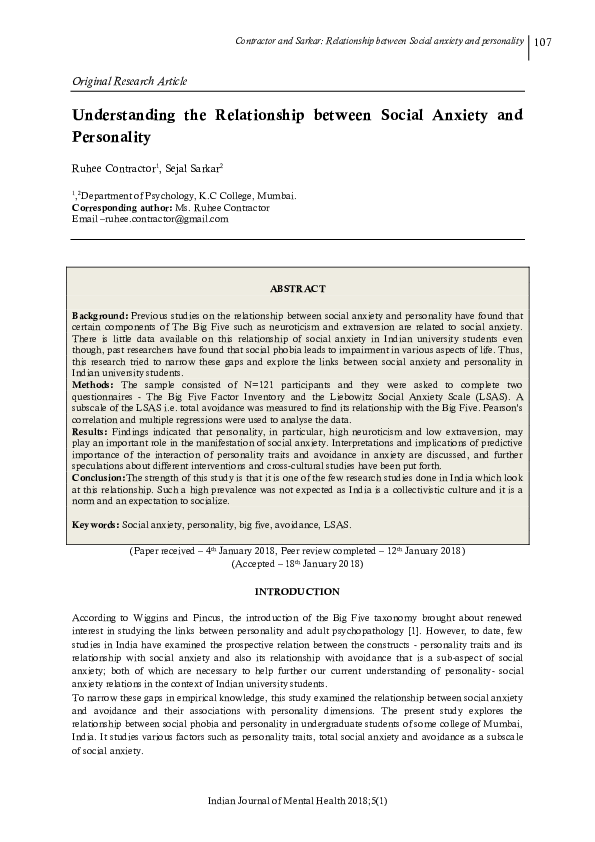 (PDF) Understanding the Relationship between Social Anxiety and Personality