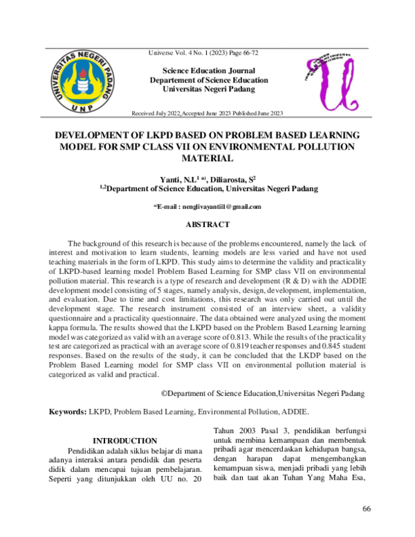 (PDF) Development of LKPD Based on Problem Based Learning Model for SMP ...