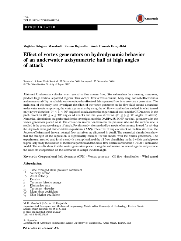 (PDF) Effect of vortex generators on hydrodynamic behavior of an ...