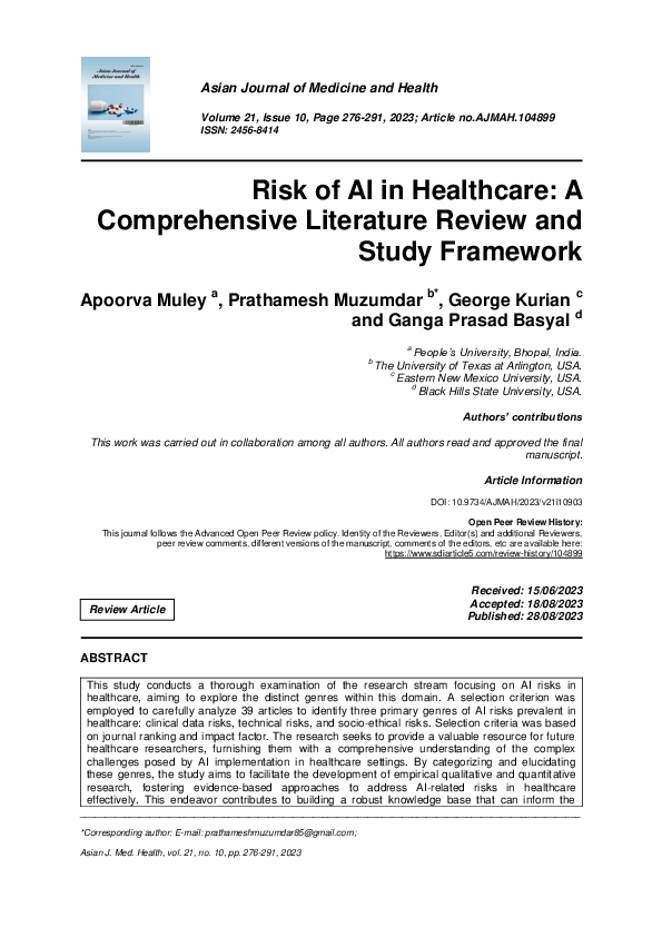 (PDF) Risk of AI in Healthcare: A Comprehensive Literature Review and ...