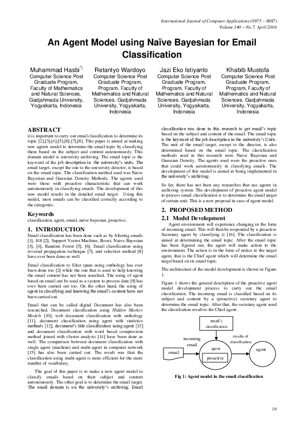 (PDF) An Agent Model using Naïve Bayesian for Email Classification ...