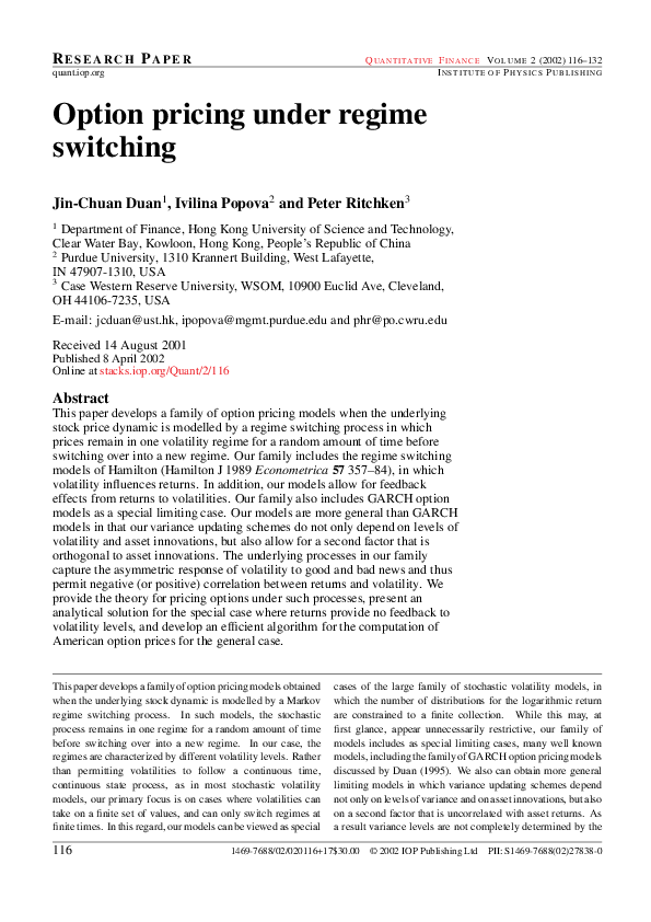 (PDF) Option pricing under regime switching