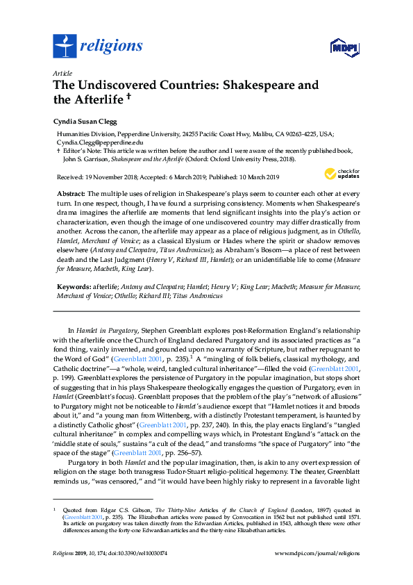 (PDF) The Undiscovered Countries: Shakespeare and the Afterlife
