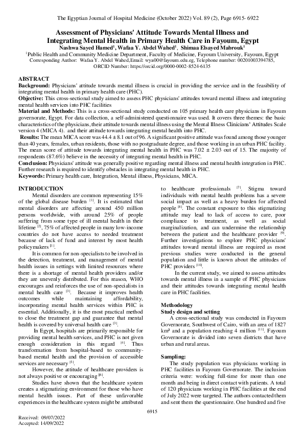 (PDF) Assessment of Physicians' Attitude Towards Mental Illness and ...