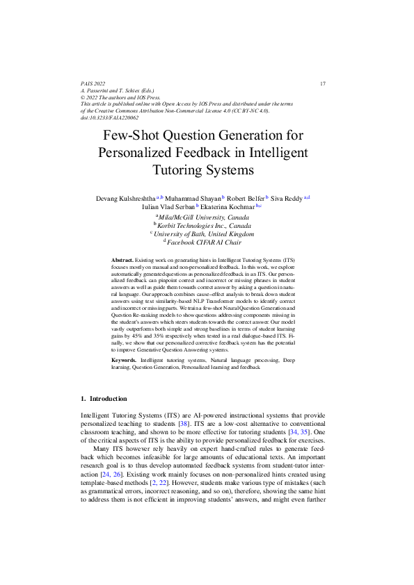 (PDF) Few-Shot Question Generation for Personalized Feedback in ...