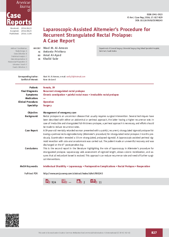 (PDF) Laparoscopic-Assisted Altemeier’s Procedure for Recurrent ...