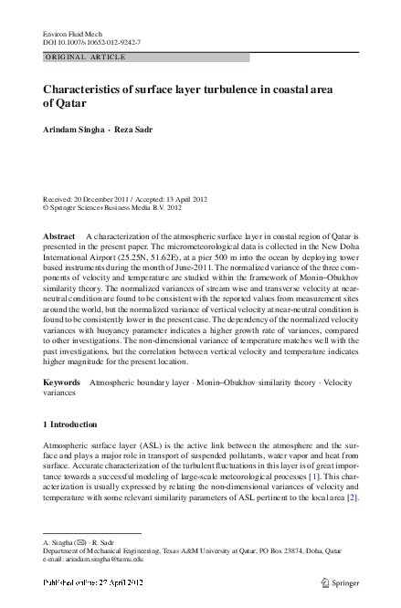 (PDF) Characteristics of surface layer turbulence in coastal area of Qatar