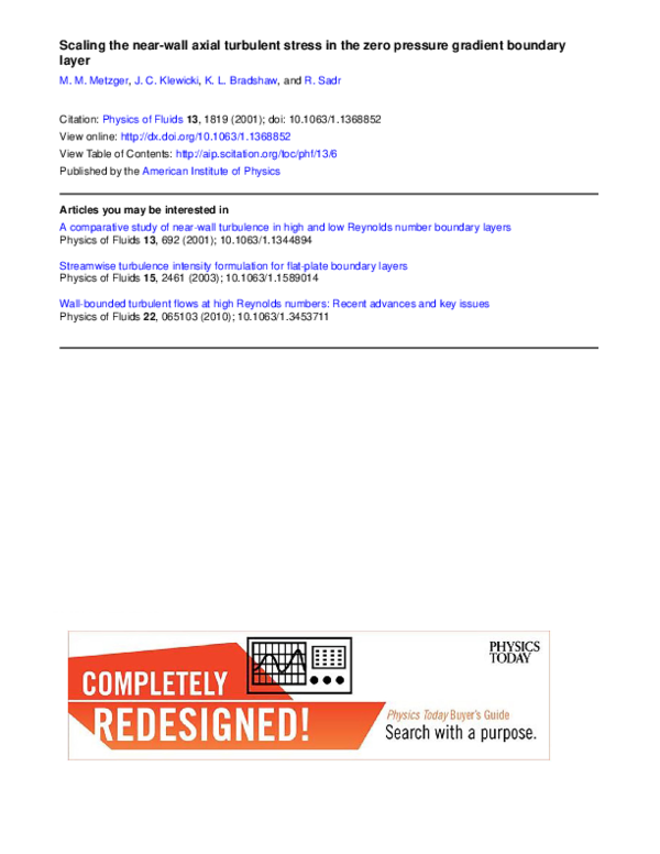 (PDF) Scaling the near-wall axial turbulent stress in the zero pressure ...