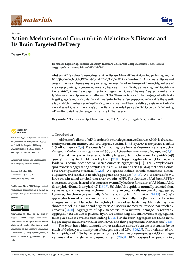 (PDF) Action Mechanisms of Curcumin in Alzheimer’s Disease and Its ...