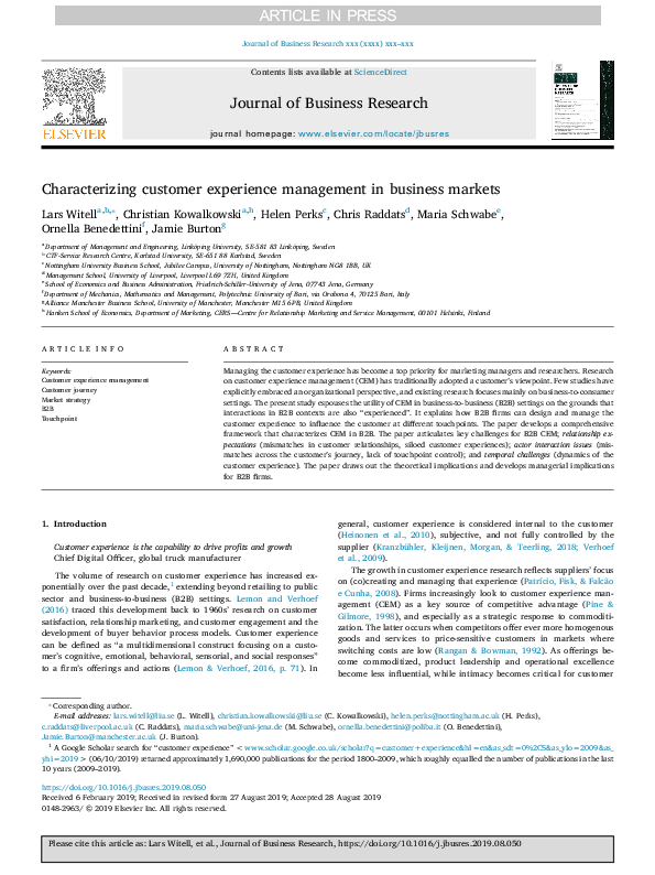(PDF) Characterizing customer experience management in business markets