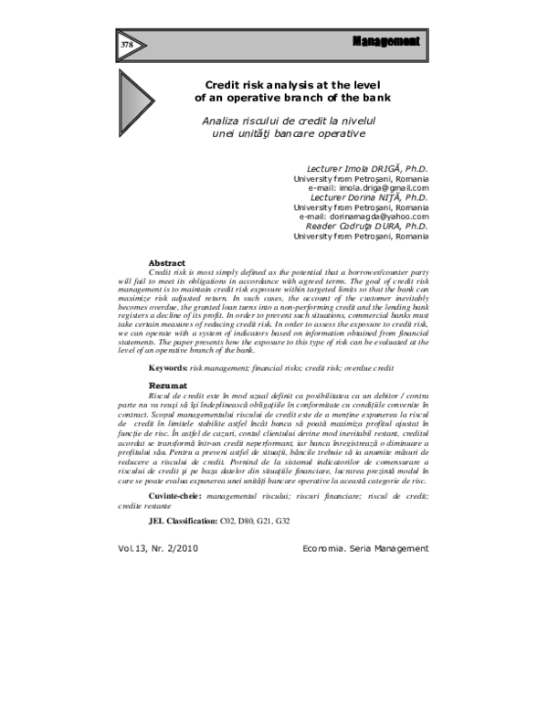 (PDF) Credit risk analysis at the level of an operative branch of the bank