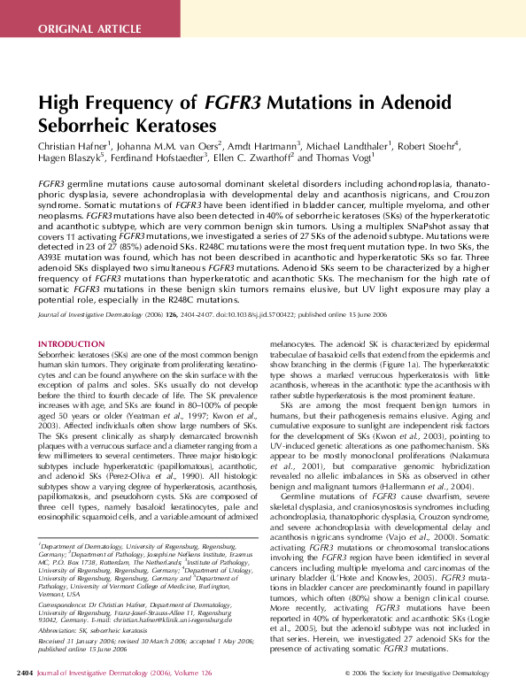 (PDF) High Frequency of FGFR3 Mutations in Adenoid Seborrheic Keratoses