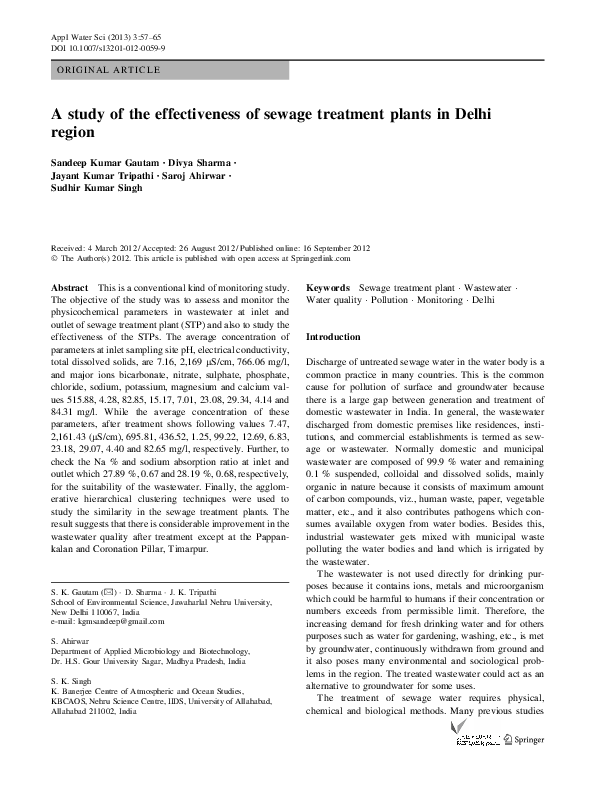 (PDF) A study of the effectiveness of sewage treatment plants in Delhi ...