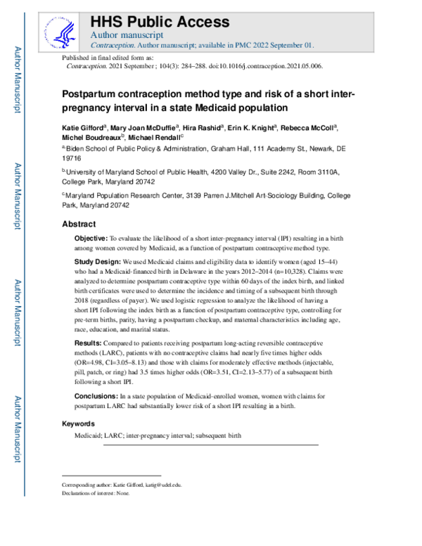 (PDF) Postpartum contraception method type and risk of a short ...