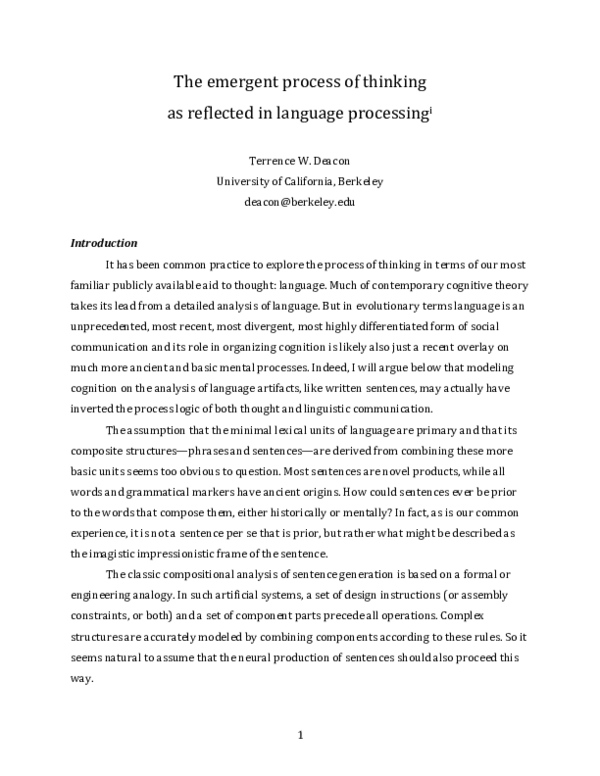 (PDF) The emergent process of thinking as reflected in language processing