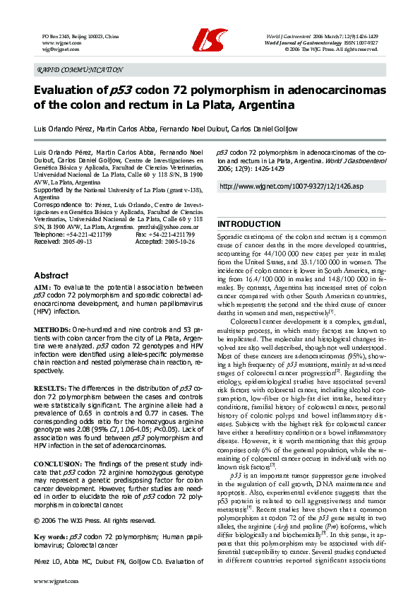 (PDF) Evaluation of p53 codon 72 polymorphism in adenocarcinomas of the ...