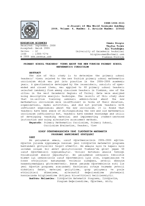 (PDF) Primary School Teachers' Views about the New Turkish Primary ...