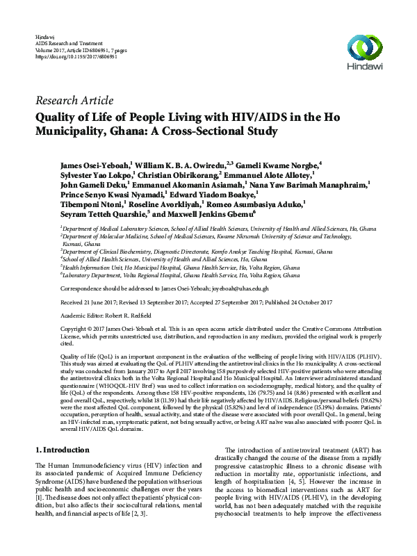 (PDF) Quality of Life of People Living with HIV/AIDS in the Ho ...