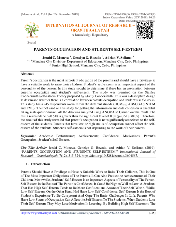 (PDF) Parents Occupation and Students Self-Esteem