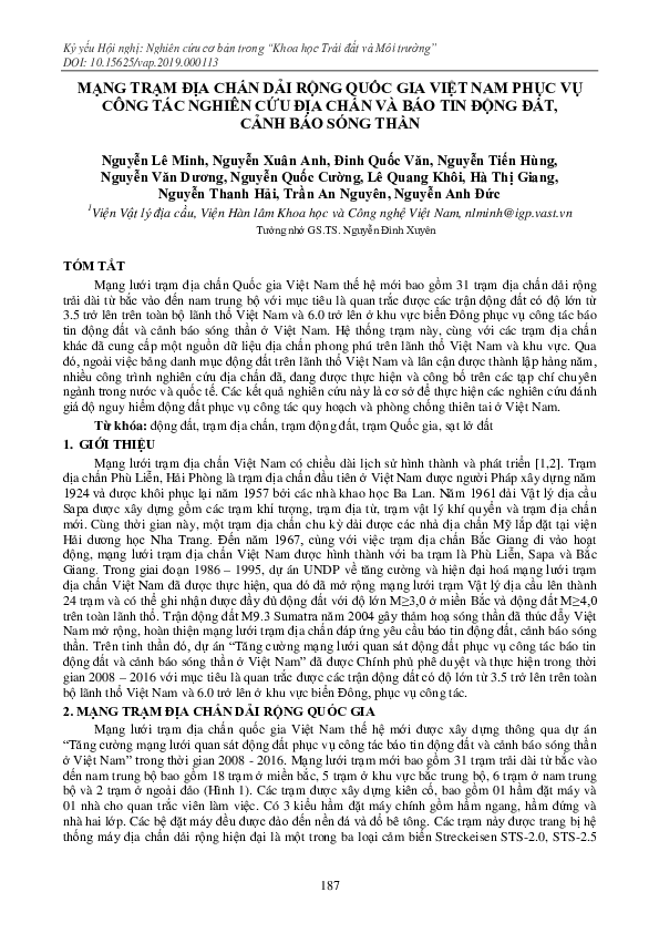 Mạng Trạm Địa Chấn Dải Rộng Quốc Gia Việt Nam Phục Vụ Công Tác Nghiên Cứu Địa Chấn Và Báo Tin Động Đất, Cảnh Báo Sóng Thần