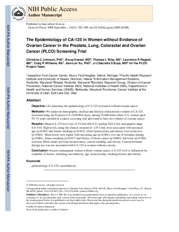 (PDF) The epidemiology of CA-125 in women without evidence of ovarian ...